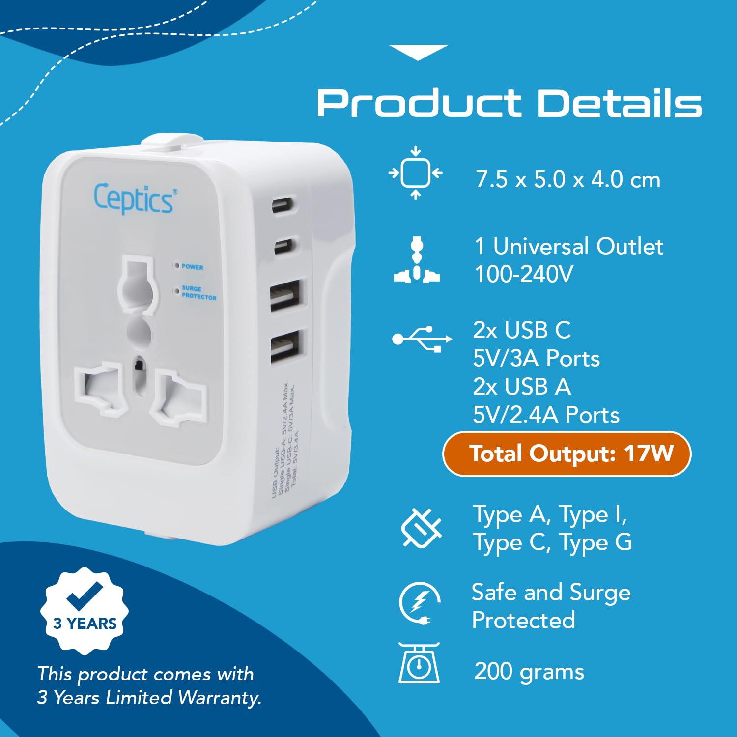 Ceptics 5-in-1 Universal Travel Adapter | 17W | 2 USB-A + 2 USB-C Port | White