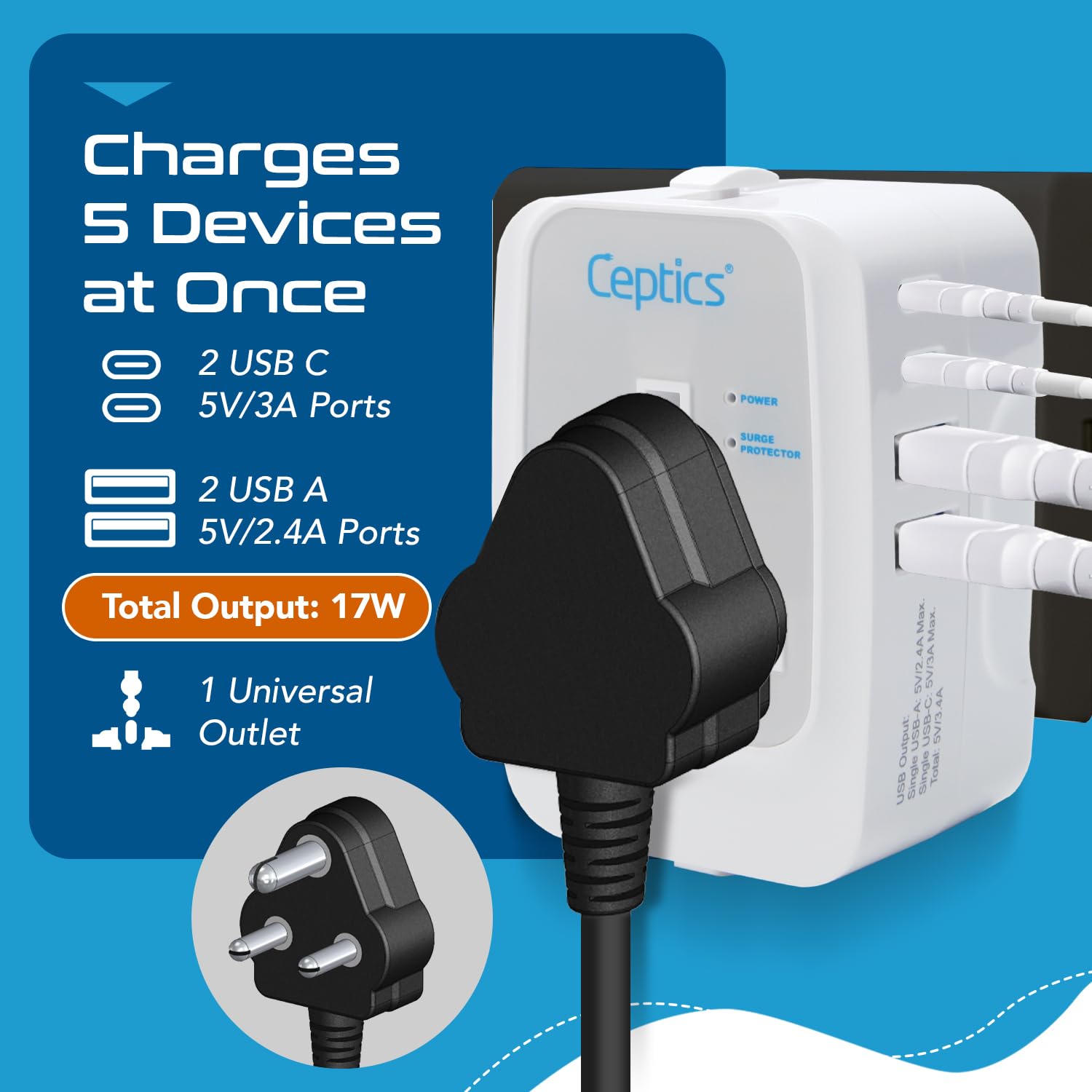 Ceptics 5-in-1 Universal Travel Adapter | 17W | 2 USB-A + 2 USB-C Port | White