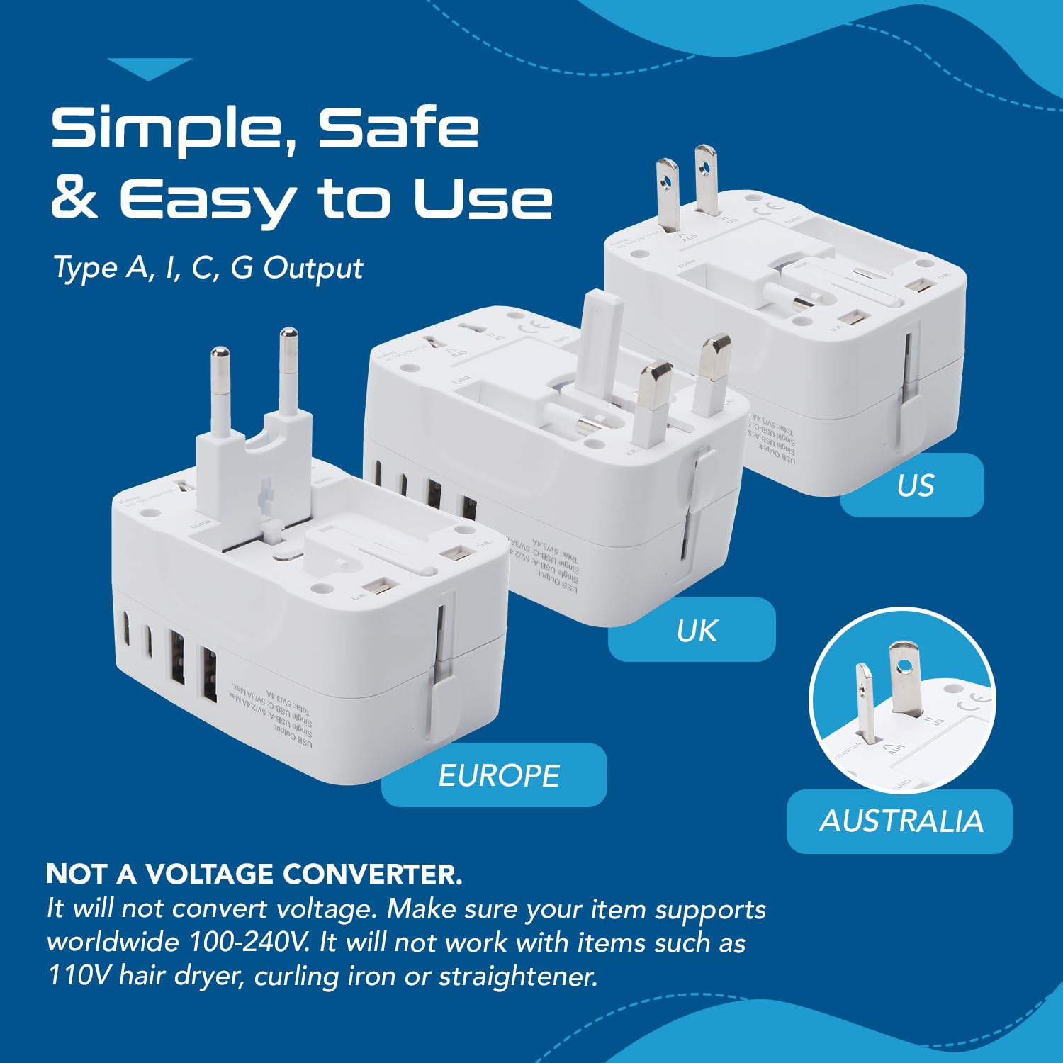 Ceptics 5-in-1 Universal Travel Adapter | 17W | 2 USB-A + 2 USB-C Port | White