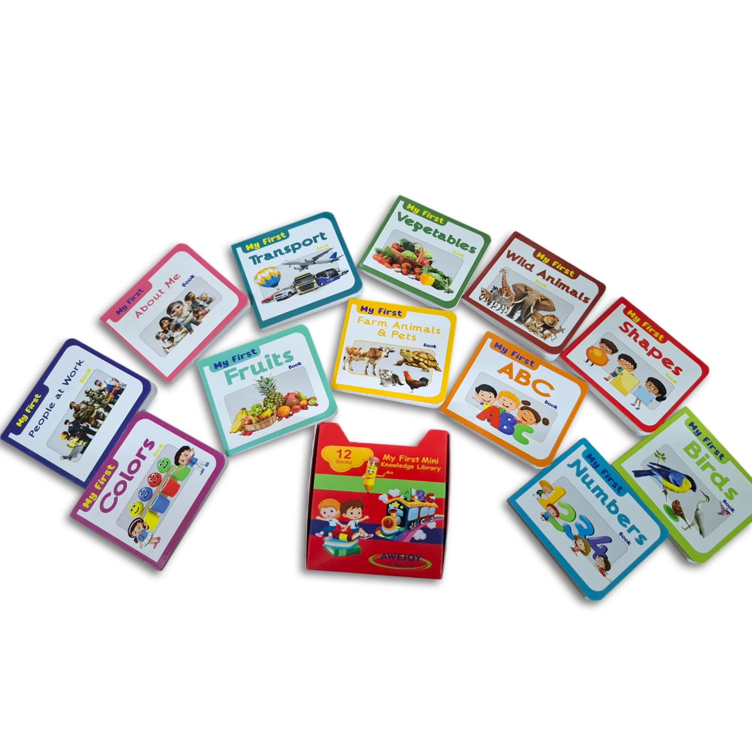 AWEJOY My First Mini Knowledge Library | Box Set of 12 Board Books for Kids | Early Learning & Brain Development Gift Set for Toddlers & Preschoolers