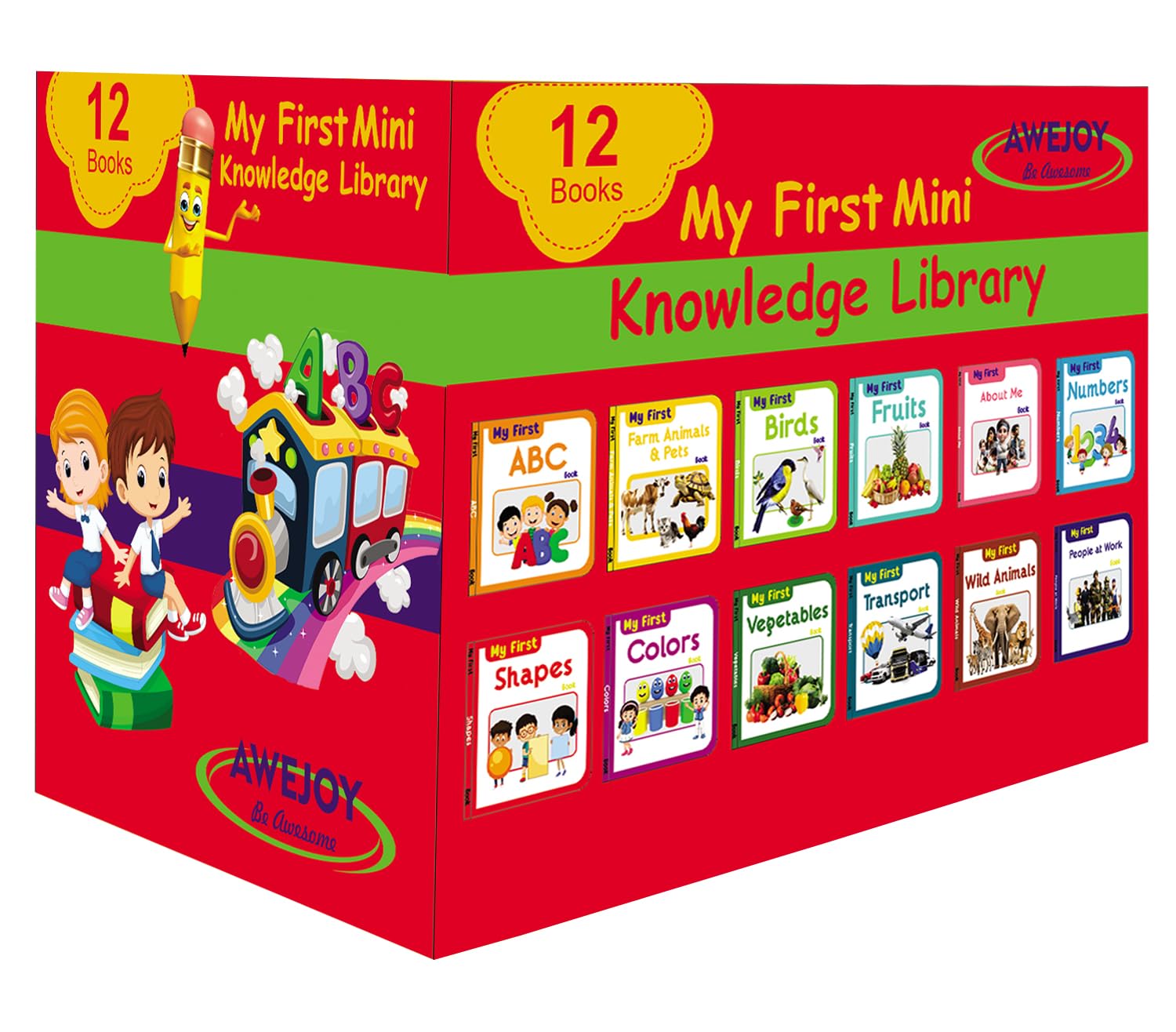 AWEJOY My First Mini Knowledge Library | Box Set of 12 Board Books for Kids | Early Learning & Brain Development Gift Set for Toddlers & Preschoolers