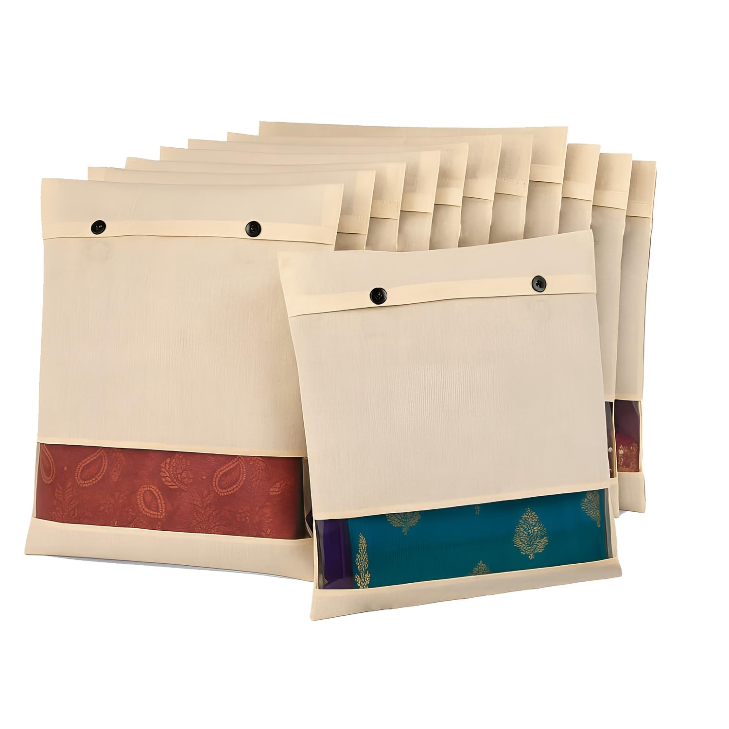 Cotton Saree Cover for Storage | Saree Bags (18x15 Inch) with Button Closure & Transparent Mesh Window | 100% Washable Fabric Clothes Organizer for Storage | Wardrobe Organiser