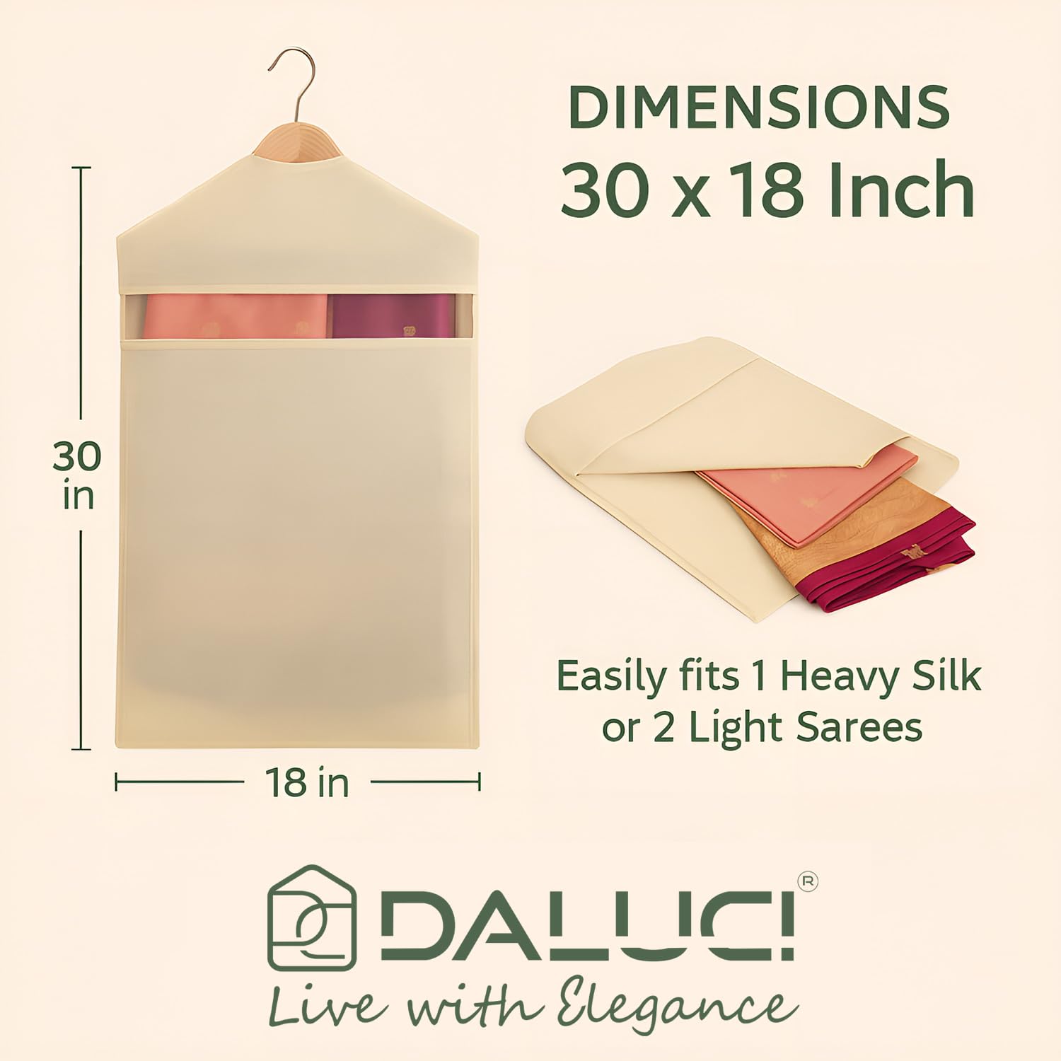Cotton Hanging Saree Covers | Saree Bags for Storage with Zip | Large 30×18 Inch Wardrobe Organizer Clothes Storage Bags for Sarees, Lehengas & Blouses | (Without Hanger) (Pack of 6)