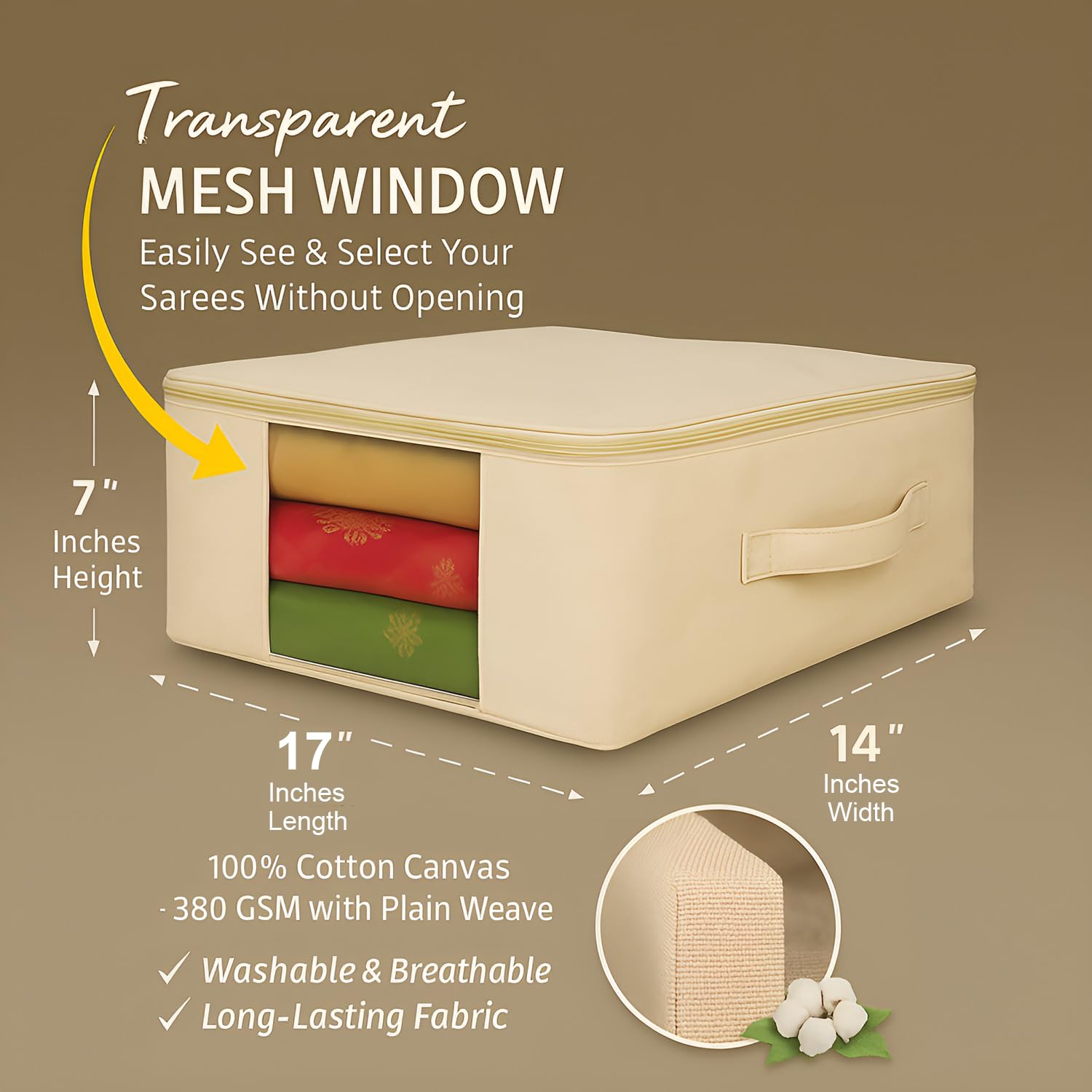 100% Cotton Saree Covers for Storage | Clothes Storage Bags with Zip Closure & Transparent Window | Washable Foldable Wardrobe Organizer for Sarees, Lehengas & Dresses