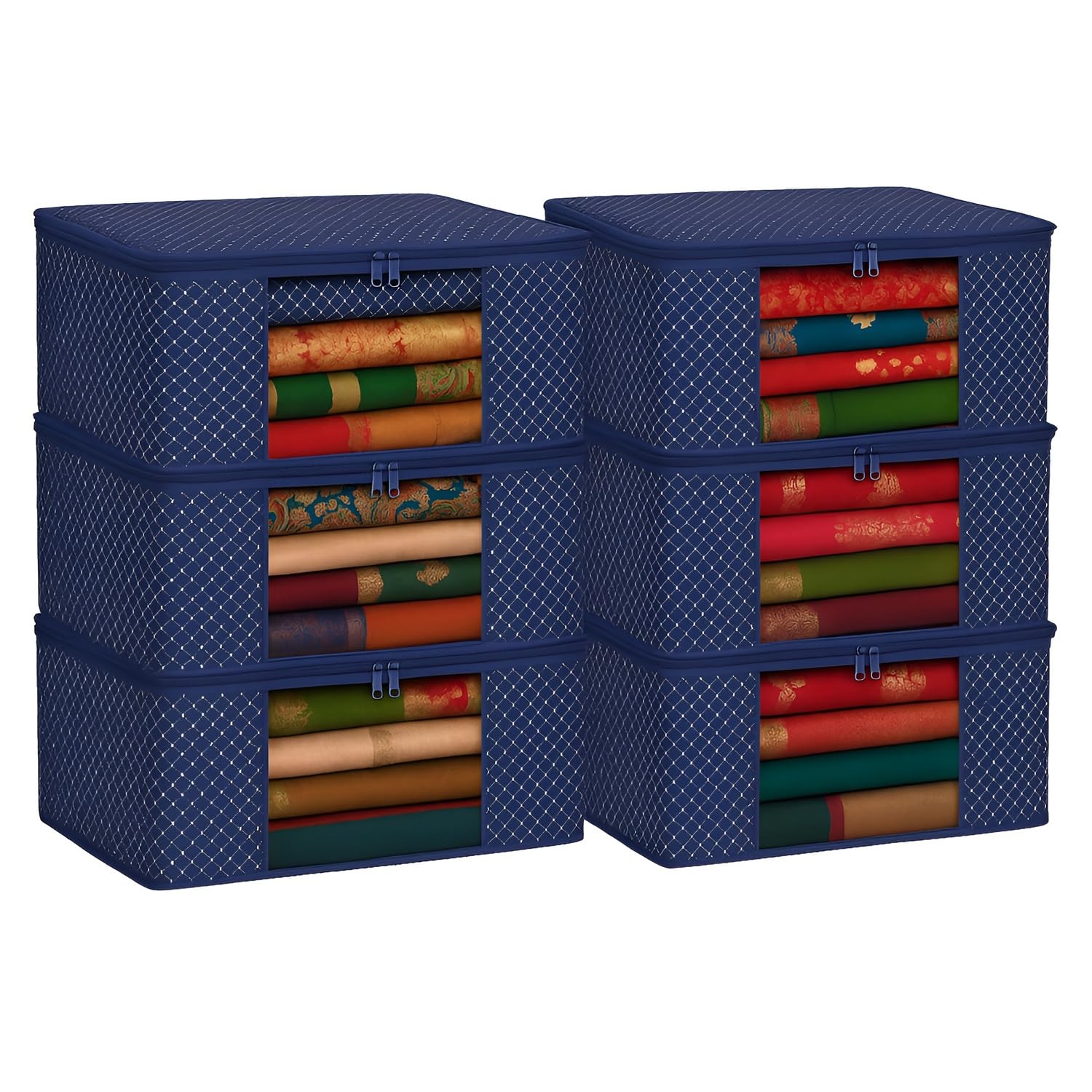 Cotton Quilted Saree Covers | 3-Layer Foldable Clothes Storage Bags with Transparent Window & Zip | Premium Saree, Lehenga, Dress Wardrobe Organizer for Home & Closet Blue