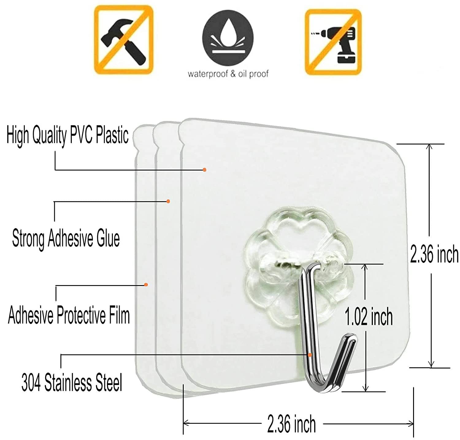 DALUCI Wall Hooks for Hanging Adhesive Hooks for Wall Heavy Duty Wall Hook Drill Free Adhesive Hooks for Wall Bath Towel Hooks Wall Hanging Hook Stainless Steel, PVC Hook for Wall (15)