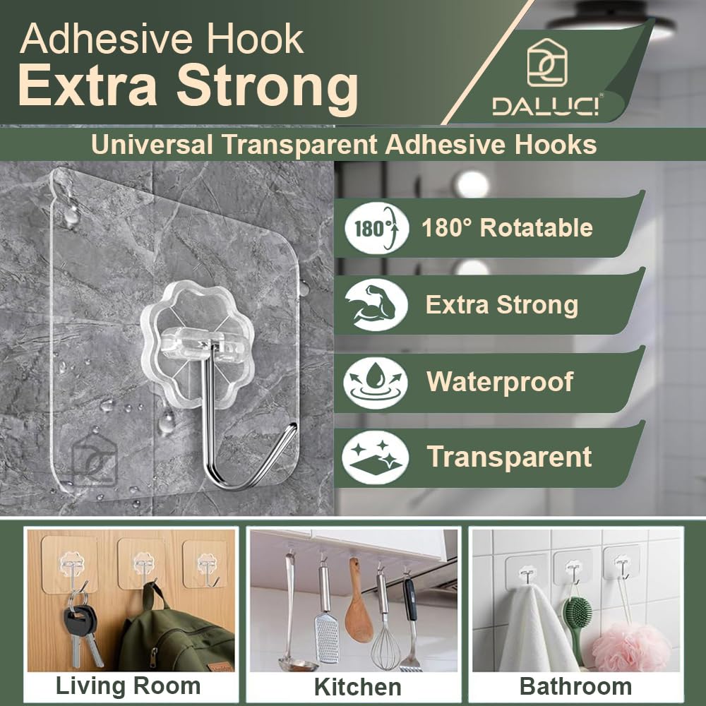 DALUCI Self Adhesive Wall Hooks Heavy Duty Wall Hanger Hook Without Drilling – Nail Free Wall Hooks for Hanging Sticky Hooks for Wall Heavy Items, Kitchen & Bathroom
