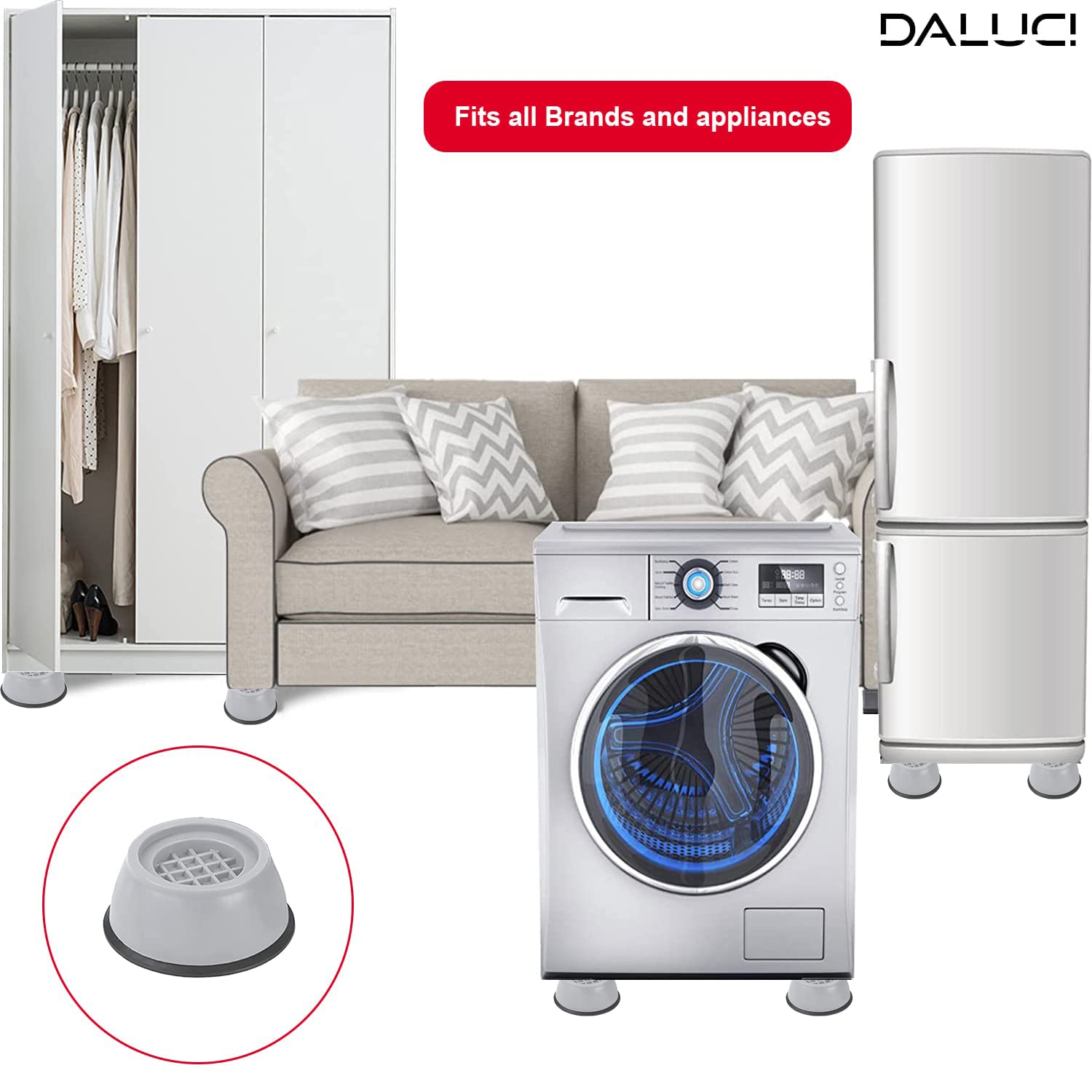 Daluci Anti Vibration Pads | 4-Piece Washing Machine Stand with Suction Cup Feet for Front Load and Top Load Appliances