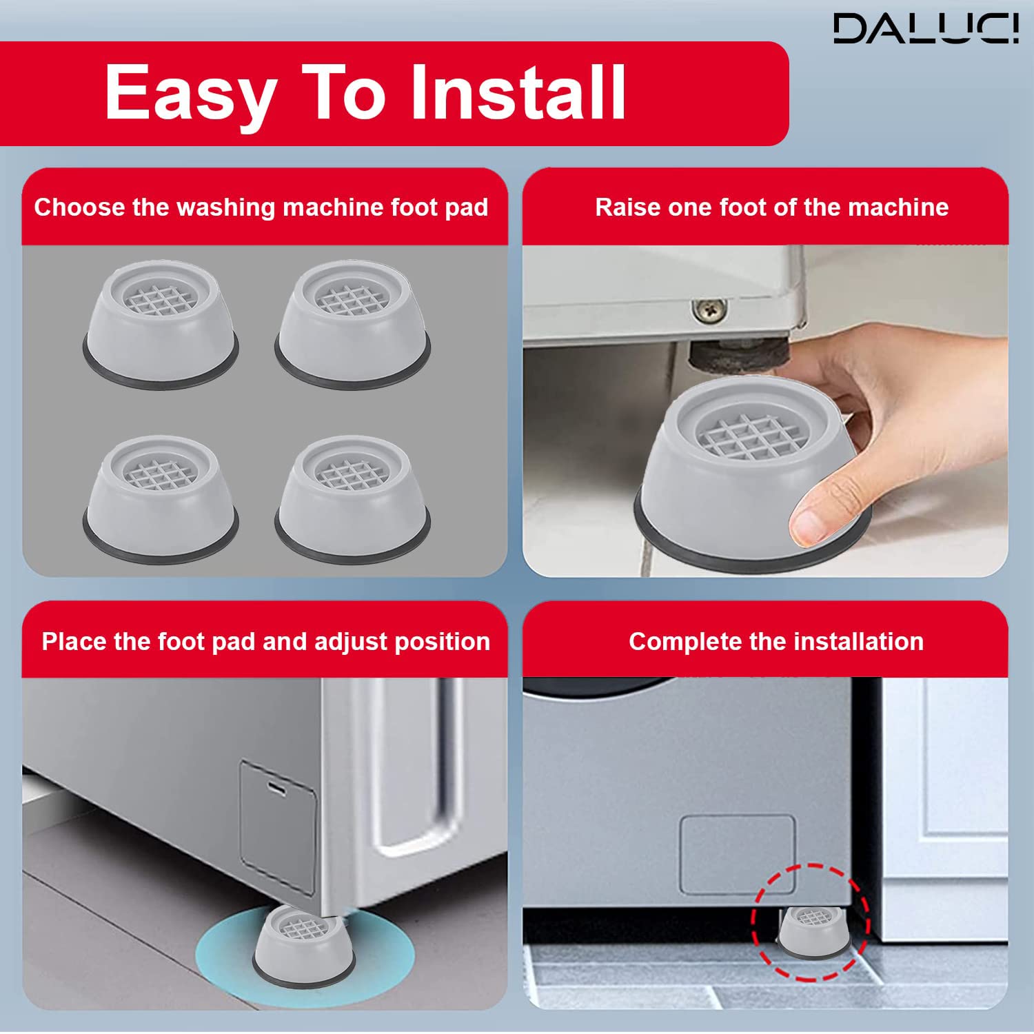 Daluci Anti Vibration Pads | 4-Piece Washing Machine Stand with Suction Cup Feet for Front Load and Top Load Appliances