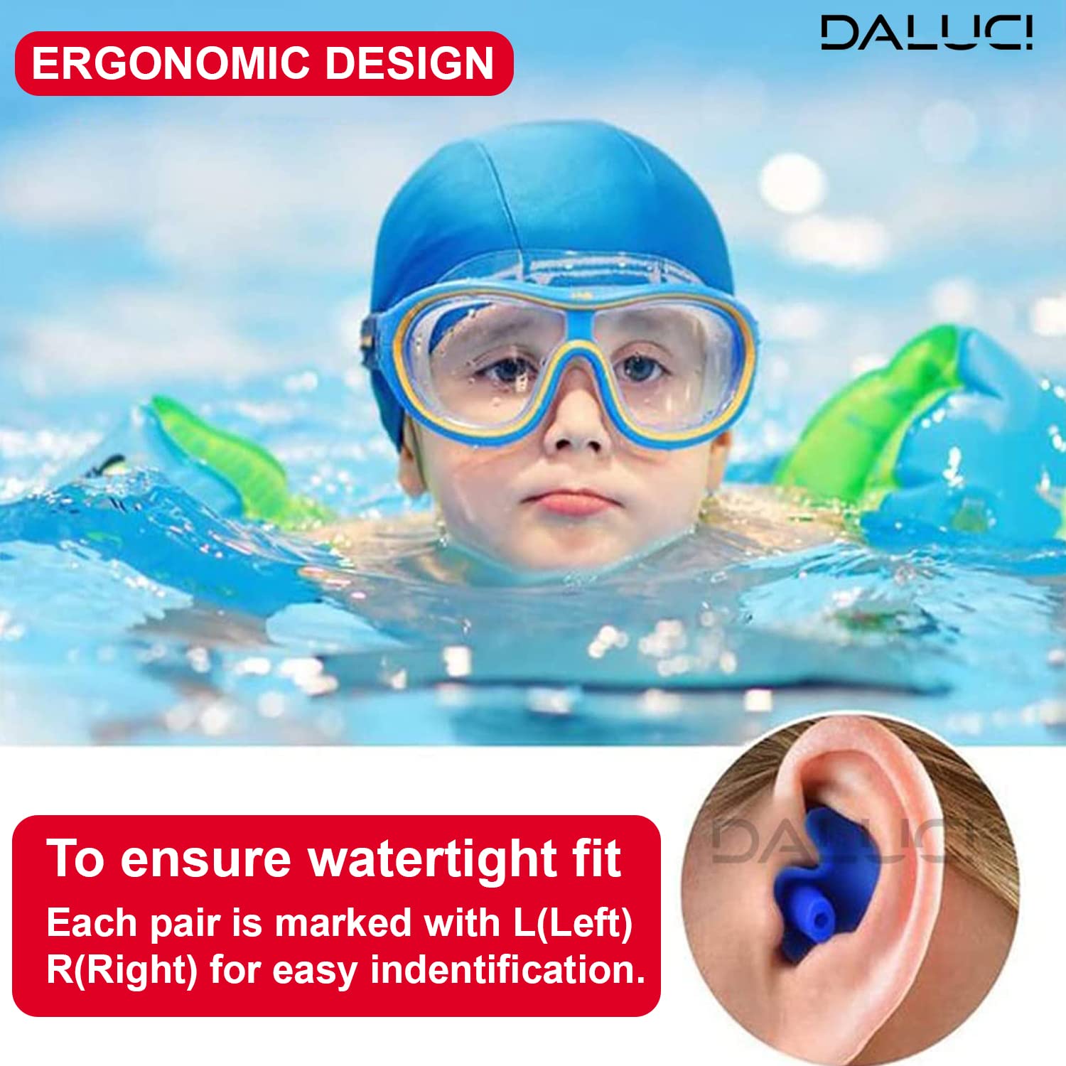 DALUCI The Ultimate Waterproof Silicone Swim Earplugs for Swimmers and Divers of All Ages Enjoy Swimming or Diving with These Soft, Comfortable and Durable Swim Earplugs