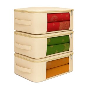 100% Cotton Saree Covers for Storage | Clothes Storage Bags with Zip Closure & Transparent Window | Washable Foldable Wardrobe Organizer for Sarees, Lehengas & Dresses